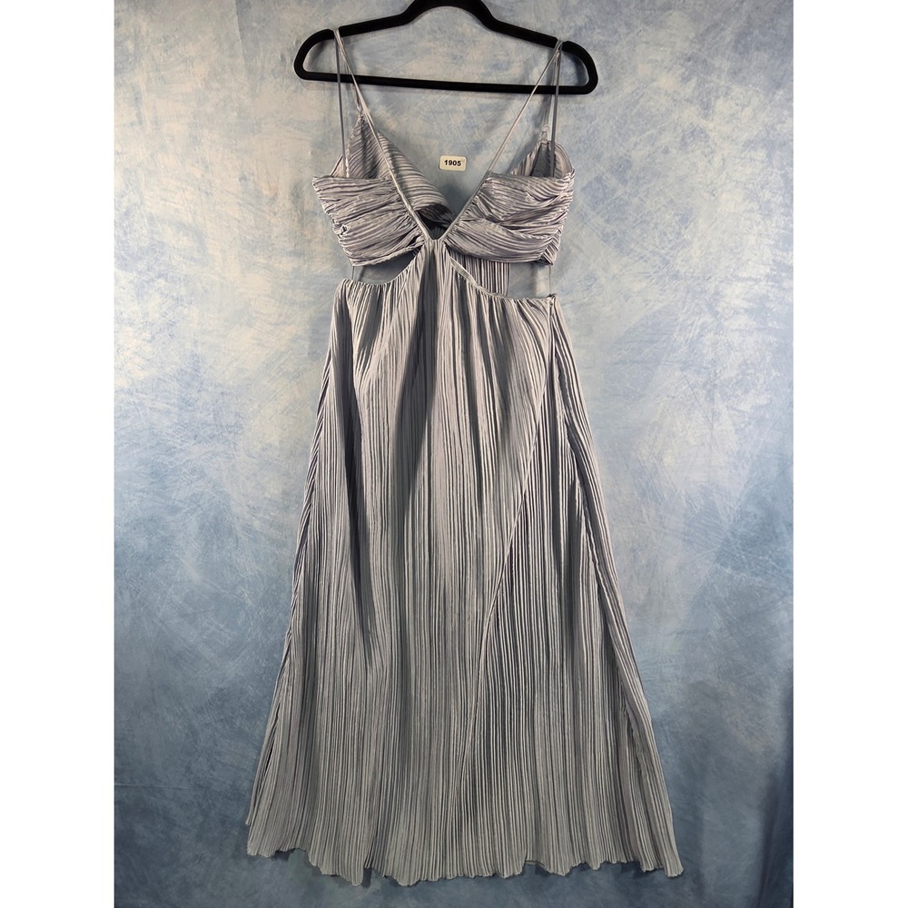 Zara Blue Grey Pleated Cutout Tie Back Midi Dress Small Plisse Spaghetti Strap
